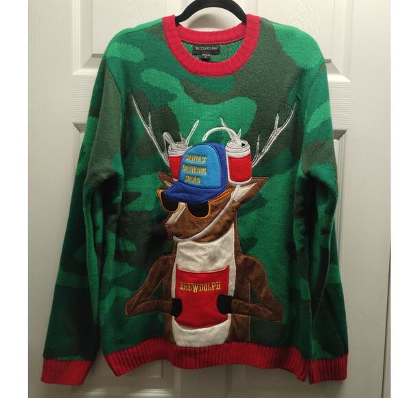 Blizzard Bay Men's Large Green Camo Brewdolph Beer Holder Ugly Christmas Sweater - Picture 1 of 7